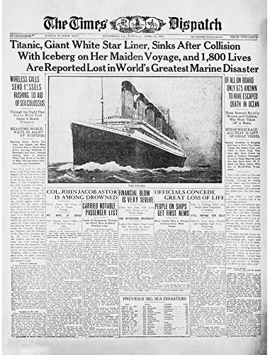 Newspaper Front Sheet Page Titanic Disaster 1912 Times Despatch Unframed Wall Art Print Poster Home Decor Premium...