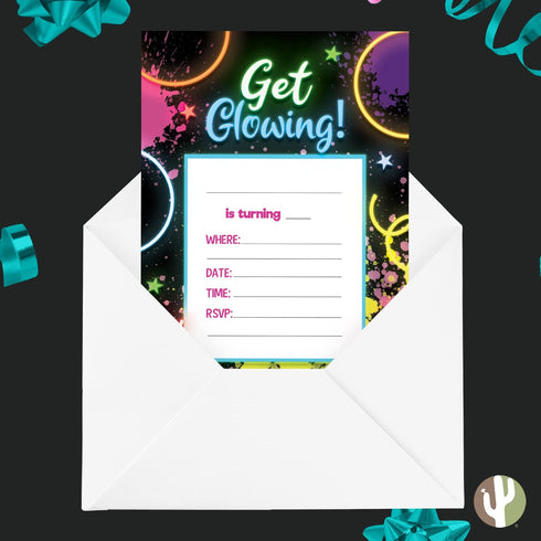 Desert Cactus Neon Happy Birthday Invitations Invite Cards (10 Count) With Envelopes Boys Girls Kids Party (10ct)...