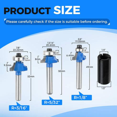 Yetaha 7Pcs 1/4 Inch Shank Roundover Edging Router Bit Set, Carbide Corner Rounding Edge Forming Router Bit, Woodworking Milling Tools, 1/8", 5/32...