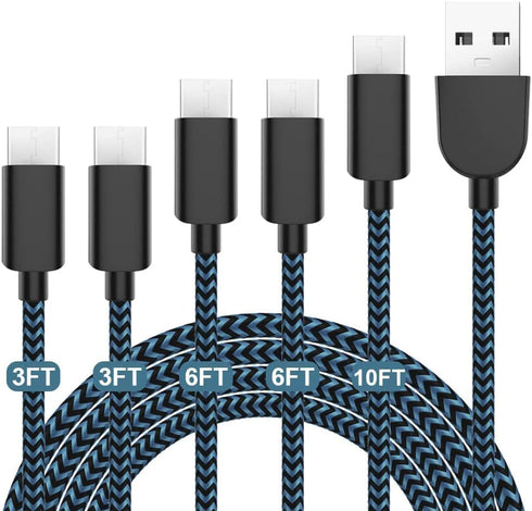 5Pack (3/3/6/6/10FT) Fast Charging 3A USB-C to USB-A Cable Rapid Charger Quick Cord Compatible Samsung Galaxy S10 S9 S8 Plus, Note 10 9 8, LG V50 ...