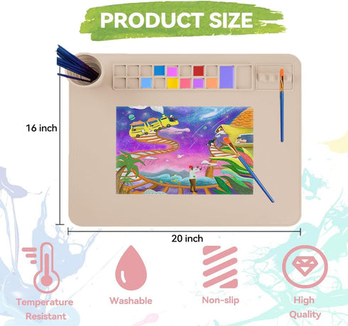 Silicone Painting Mat with Cup and Palette Removable, 20"X16" Thick Silicone Art Mat for Craft with Raised Edge, Artist Creator Mat Silicone for R...