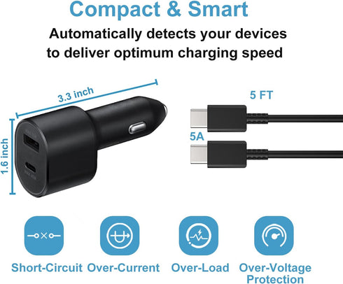 60w Car Charger Super Fast Charging 2.0 Dual-Port (45W+15W) with USB C to C Cable for Samsung Galaxy S24 Ultra/S24/S24+/S23,S22,S21/S21 Ultra/ S21...