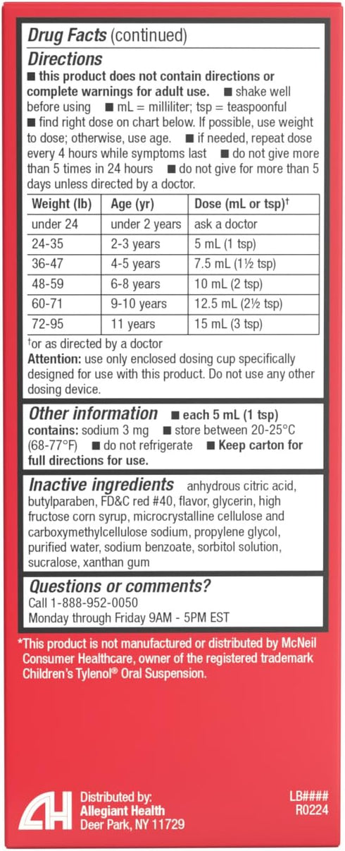 HealthA2Z® Children's Pain Relief | Acetaminophen 160 mg (5mL) | Ages 2-11 | Cherry Flavor | Pain Reliever - Fever Reducer - Oral Suspension | Asp...
