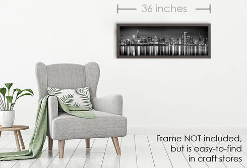 PHOTOSBYJON Chicago Skyline UNFRAMED Photo Print Night Black & White B&W BW 11.75 inches x 36 inches Photographic Panorama Print Photo Picture Sta...