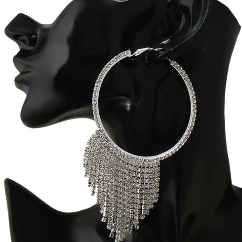 Jeairts Rhinestone Earrings Silver Long Chandelier Dangle Chain Big Cricle Tassel Drop Earrings Sparkly Bridal Prom Jewelry for Women and Girls...