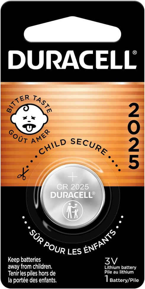 Duracell CR2025 3V Lithium Battery, Child Safety Features, 1 Count Pack, Lithium Coin Battery for Key Fob, Car Remote, Glucose Monitor, CR Lithium...