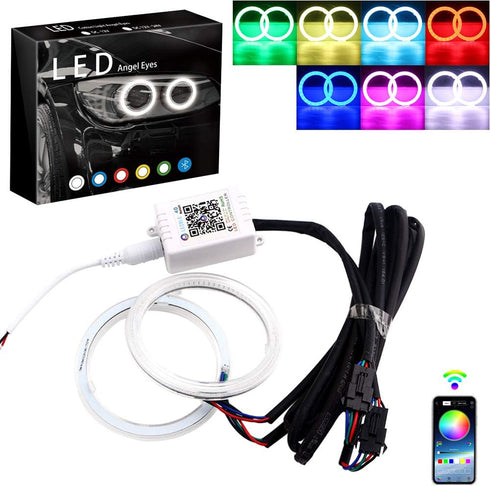 GrandviewTM 1-set 70MM Multi-Color RGB LED Halo Rings Light COB 72SMD Smart Phone iOS Android App Bluetooth Control Car Angel Eyes Circle Ring Hea...