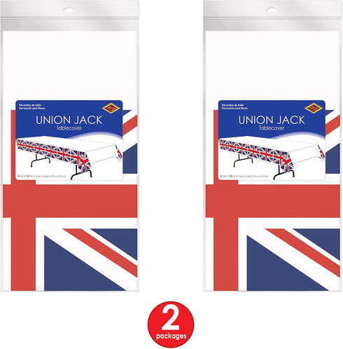 Beistle 2-Pack Union Jack Rectangular Plastic Tablecovers, Royal English Party Decorations, London Table Cloth, British Flag Party Décor, 54” x 10...