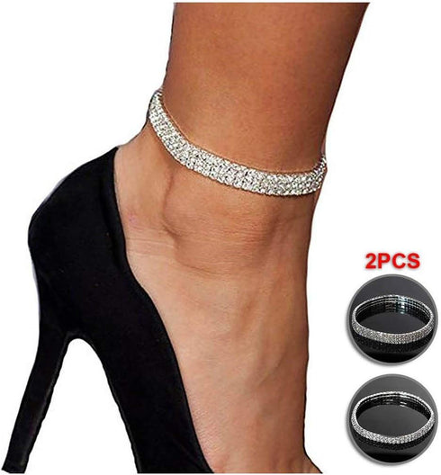 LucBuy 2PCS Twinkle Diamond Anklet, Elastic Rhinestone Tennis Ankle Bracelets for Women,Crystal Silver-Tone Sparkling Charm Foot Jewelry,Bling Shi...
