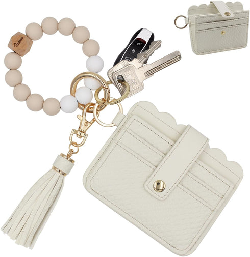 Keychain Wallet Wristlet Small Credit Card Holder Bracelet Key Chain Purse Bangle Tassel Beads Key Rings for Women...