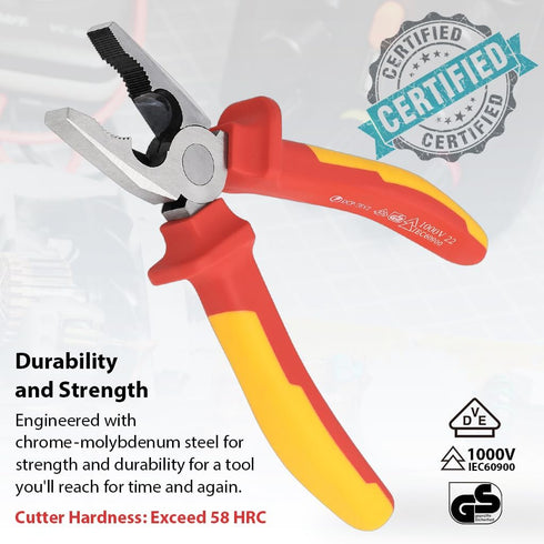 FIRSTINFO H57112-7.08-inch VDE 1000V, Insulated Linesman Combination Pliers with Chrome Molybdenum Steel Body and Dual Material Anti-Slip Handles...