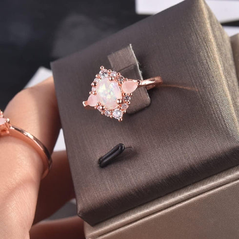 Plated 18k Rose Gold Rainbow Moonstone Rings,Women Bridal Set Statement Anniversary Ring Gift Oval & Pear Cut CZ Simulated Diamond Engagement Ring...
