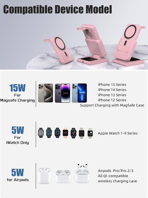 Wireless Charging Station for Apple Mag-Safe Charger, 3 in 1 Mag-Safe Charger Stand for iPhone 15 Pro Max/14/13/12, Air Pods, iWatch, Portable 500...