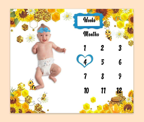 Baby Monthly Milestone Blanket| Sunflower Bee Honeycomb Golden Honey Pot | Newborns 1 to 12 Months Unisex Include 4 Frames and 1 Headband 48"x40" ...
