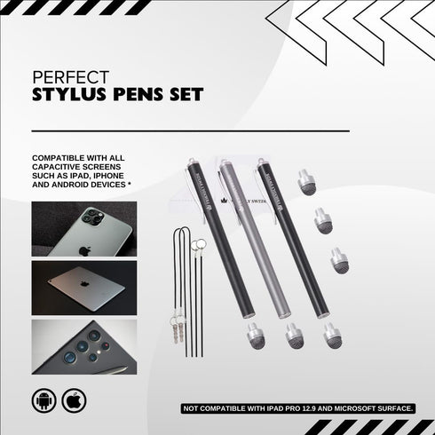 The Friendly Swede Mesh Tip Stylus Pen for Touchscreen — 3-Pack Micro-Knit Capacitive Stylus Pen for iPad & iPhone with 3 Replaceable Fiber Tips, ...