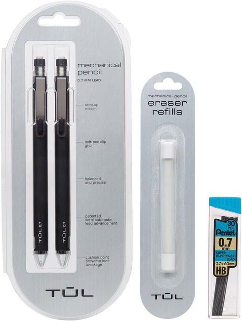 TUL 0.7mm Mechanical Pencils (1 2-pack), Eraser Refills (1 3-pack) & 30 Lead Refills Value Pack...