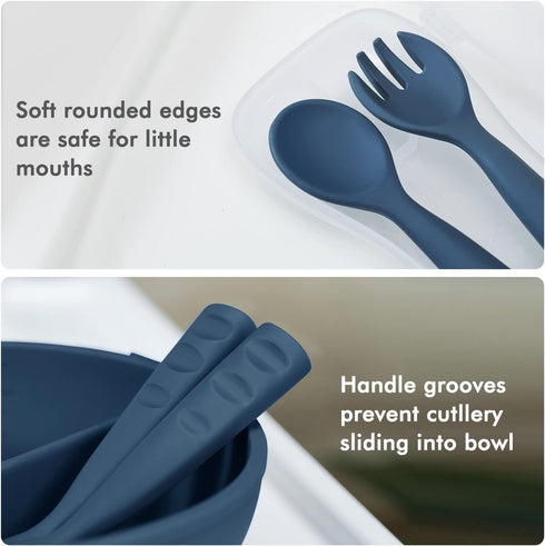 haakaa Toddler Forks and Spoons with Travel Safe Case,Self Feeding Toddler Utensils,Easy Grip Bendy Food-Grade Silicone,Bluestone,12m+...