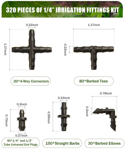 320 Pcs Drip Irrigation Fittings Kits for 1/4" Tubing, Drip Irrigation Barbed Connectors, Drip Line Connectors for Drip Systems(4-Way Coupling, Te...