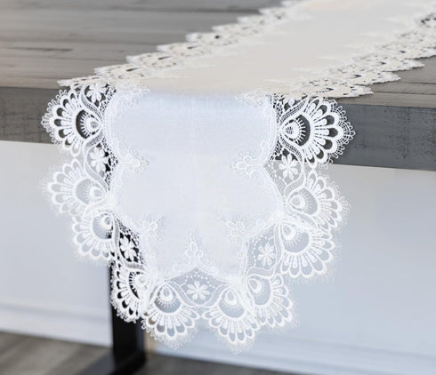 White Jacquard Peacock Tail European Lace Table Runner, Dresser Scarf, Wedding Décor (16Wx44L)...