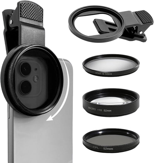 52mm Clip-on Phone Camera Lens Filter, 3 in 1 Phone Lens Filter Kit, CPL Lens + Macro Lens + Star Lens Universal Cellphone Lens Filter Compatible ...