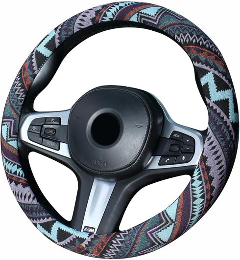 Ethnic Style Coarse Flax Cloth Automotive Steering Wheel Cover Anti Slip and Sweat Absorption Auto Car Wrap Cover (M, 14.5''-15'')...