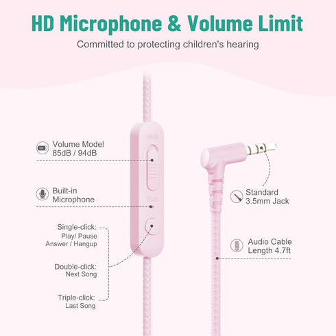 rockpapa Share 1 Kids Headphones Wired with Microphone & Share Port, 85dB/94dB Volume Limited, Cute Foldable Student Child Boys Girls Headphones f...