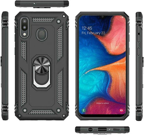 TJS Compatible with Samsung Galaxy A20 Case, Galaxy A30 Case, with Tempered Glass Screen Protector Metal Ring Magnetic Support Kickstand Heavy Dut...