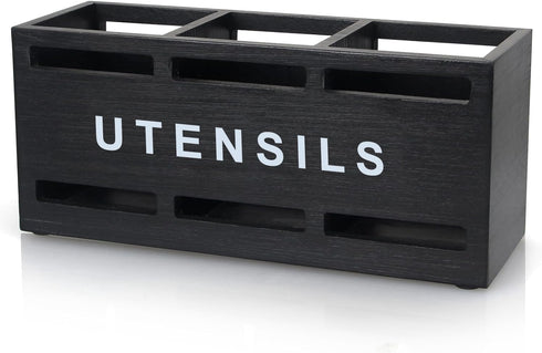 Wooden Cutlery Caddy, Black Utensil Holder Silverware Holder for Countertop Spoon and Fork, Flatware Organizer Storage Containers, Cooking Utensil...