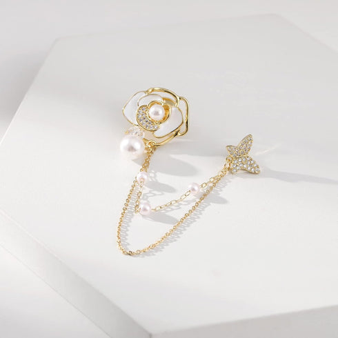 Golden Flower Pearl Brooch Pins for Women Chain Butterfly Cameo Copper Lapel Brooch Pins...
