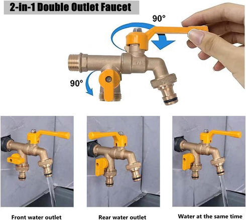 Outdoor Water Faucet, Wall Mounted Garden Water Faucet with Two 3/4 inch Brass Ball Valves Water Tap Splitter for Outdoor,Garden,Home, Balcony, Ho...