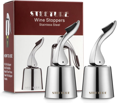 Wine Stoppers for Wine Bottles Pack of 2, Stainless Steel Wine Corks with Silicone Plug, Leak-Proof W stopper Reusable for Beverage, Alcohol Bottl...