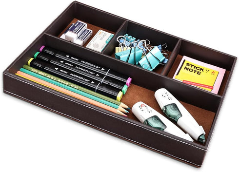 KINGFOM Pu Leather Desk Organizer Tray, 4 Compartment Office Storage Supplies Stationery Drawer Tray, Nightstand Bedside Tray for Key, Wallet, Wat...