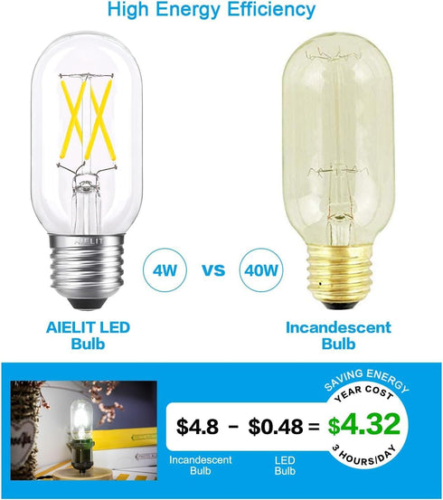T45/T14 LED Light Bulb Dimmable, 4W(40 Watt Equivalent), Bright White 4000K, Daylight E26 Base LED Tube Bulbs for Household Mason Jars Ceiling Fan...