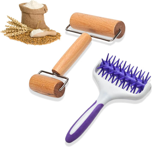2 Pieces Pizza Pie Dough Roller Docker Set, Aulufft Plastic Dough Docker Pastry Roller with Spikes Wooden Rolling Pin for Pizza, Cookie, Pie, Past...