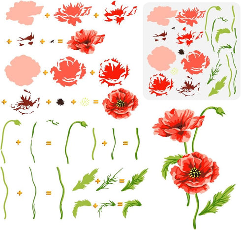 FINGERINSPIRE Layered Poppy Flower Painting Stencil 11.8x11.8 inch Reusable Poppy Wildflower Drawing Template DIY Craft Plant Floral Decoration St...