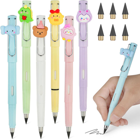 6 Sets Infinity Pencil Reusable Inkless Pencil No Sharpen Everlasting Pencil with Extra 6 Replaceable Nibs and 6 Cute Pencil Cups Infinite Pencil ...