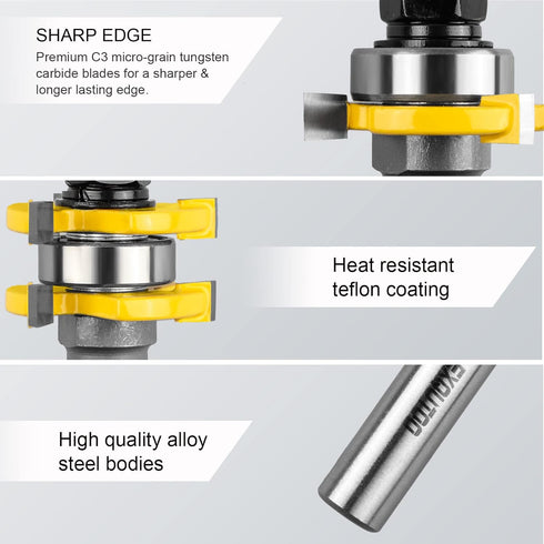 2 Pieces 3 Teeth T Shape Tongue and Groove Router Bit Set 1/4 Inch Shank, Slot depth 1/4", Slot height 1/4",Shelves & Cabinet,Woodworking Tools (1...