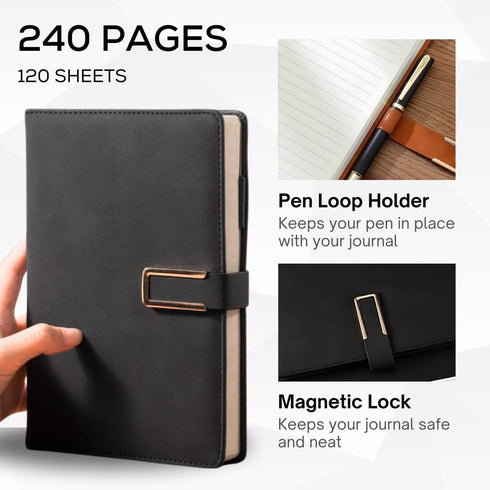 Leather Journal A5 with Pen compartment, Leather Bound for Women Men School, Office, Work, Daily and Travel Diary Writing Journal (Black with Lock...