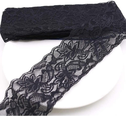 VGOODALL 3 Inch Black Lace Ribbon, 10 Yards Wide Lace Trim for Sewing Elastic Floral by Roll for Bridal Wedding Decoration DIY Sewing Craft Gift W...