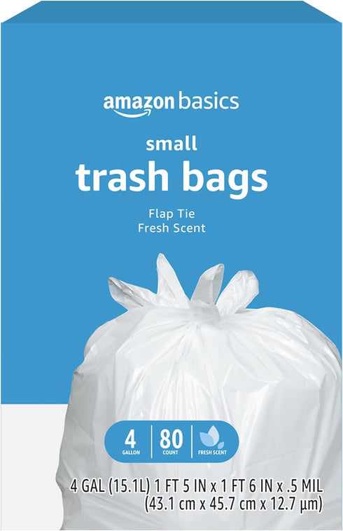 Amazon Basics 4 Gallon Trash Bags, Flap Ties, Fresh Scent, 80 Count, Pack of 1...