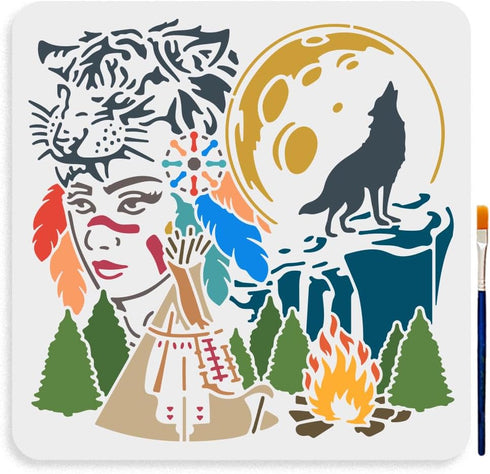 Tribal Aborigines Stencil 11.8×11.8inch Large African Tribal Women Stencils with Paint Brush Reusable Forest Tribal Sign Moon Wolf Tiger Camping T...