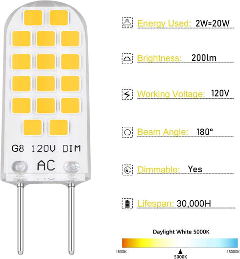 G8 LED Bulb, 20W Equivalent G8 Light Bulb, 2W 120V G8 Bi Pin Base, Dimmable, Daylight White 5000K, 10Packs...