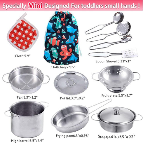 Tiny Cookware Utensils Pretend Play Kitchen Toys Stainless Steel Cooking Set Toys Montessori Kitchen Playset Kids Pots and Pans Playset,Play Kitch...