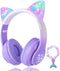 Cat Ear Kids Headphones Bluetooth, LED Light up Wireless/Wired Mode Over Ear Headphones with Build in Microphone for School/Travel (Purple)...