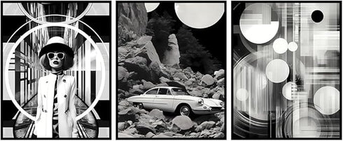 Posterizer 3 pcs-Black and White Bokeh Classic Cars Chic Collage-Abstract & Modern Art-Retro Art- Gift for Men Women Entrepreneur Teens-Living Roo...