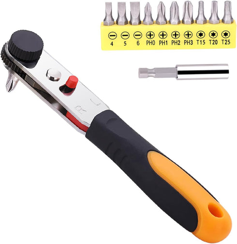 1/4” Mini Ratchet Set- 12 Pieces Ratchet Screwdriver Set, 36-Tooth Reversible Premium Extended Right Angle Ratchet, 90 Degree High Torque Mini Off...