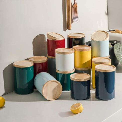 Sweejar Kitchen Canisters Ceramic Food Storage Jar, Stackable Containers with Airtight Seal Wooden Lid for Serving Ground Coffee, Tea, Sugar, Salt...