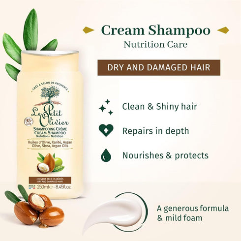 Le Petit Olivier Nutrition Cream Shampoo - Olive, Shea, Argan Oils - Repairs Dry, Damaged Hair - Enriched With Natural Origin Ingredients - Free O...