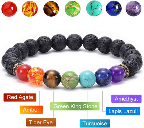 Black Lava Stone 7 Chakra Bracelets, 8mm Yinyang Rock Bead Elastic Natural Gemstones Oil Diffuser Yoga Menditation Beads Bracelets for Men Women G...