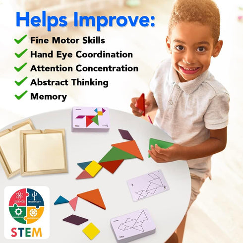 3 Bees & Me 2 Wooden Tangram Shapes Puzzle Toys with 52 Pattern Cards for Kids and Adults - Montessori Wood Toy, STEM Shape Puzzles Manipulatives ...